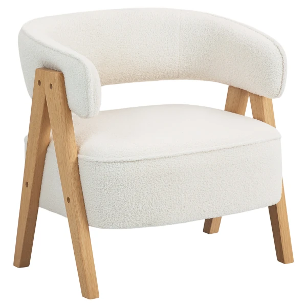 HOMCOM Sessel gepolsterter Loungesessel mit Armlehnen, Fleece-Optik, gebogen Rückenlehne, Lesesessel Relaxsessel mit Holzbeine, Polstersessel für Schlafzimmer, Wohnzimmer, Weiß Aosom