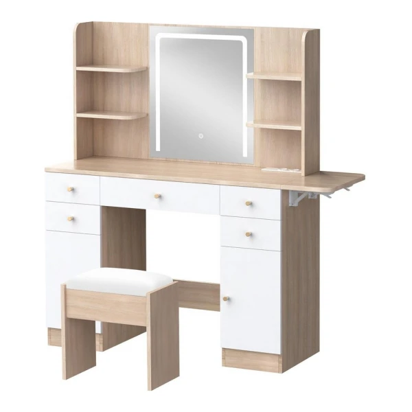 ALFORDSON Schminktisch Schminktisch mit LED-Spiegel und 5 Schubladen, Aufbewahrungshocker (1-St), Frisiertisch mit Steckdose und 10 Lichtern