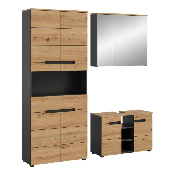 INOSIGN Badmöbel-Set REHAT, 3-teilig, Breite 171 cm, mit grifflosen Fronten, bestehend aus:, (3-St), 1x Hochschrank, 1x Waschbeckenunterschrank & 1x Spiegelschrank