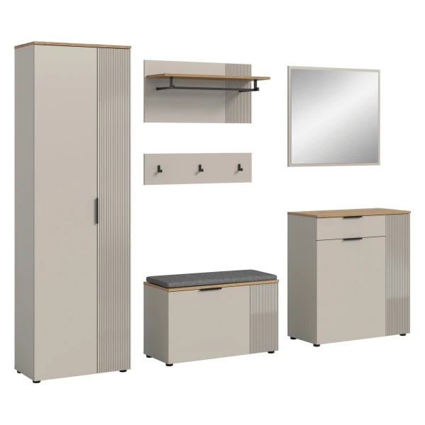 INOSIGN Garderoben-Set EDIL, Breite 250 cm, 6-teilig, Front mit hochwertiger Längstfräsung, (Set, 6-St., Hochschrank, Sitzbank, Kissen, Paneel, Hakenleiste, Kommode & Spiegel), Garderobenkombination, Kombination, Set, Garderobe, Flurgarderobe