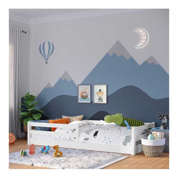 Bellabino Kinderbett Iskri mit Rausfallschutz und Lattenrost (weiß, optional mit Matratze), Bodenbett verfügbar in 90/120/140x200
