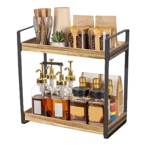 HEYHIPPO Flaschenregal Lagerregal Gewürzregal Kosmetikregal Doppelschichtiges Holztablett, küchenregal stehend für arbeitsplatte kaffeeregal gewürzregal holz, Metallrahmen, Organizer für die Arbeitsplatte, L35 x H35 x B17 cm