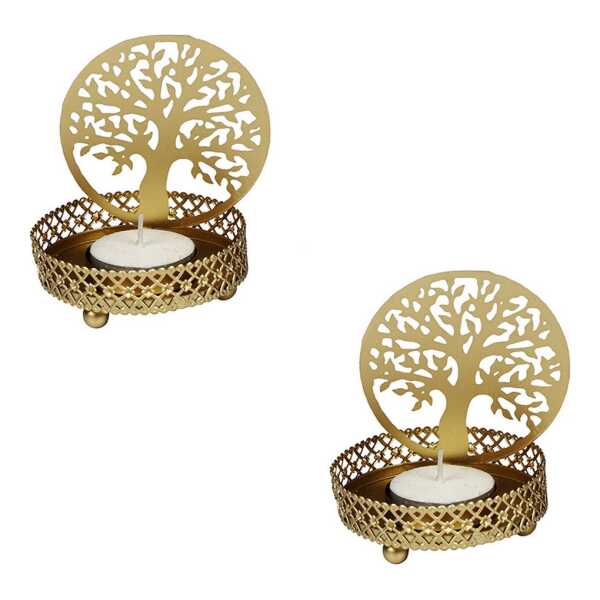 Marrakesch Orient & Mediterran Interior Teelichthalter 2er Set Teelichthalter Dentro 8cm Gold aus Metall Baum des Lebens (2 St), Handarbeit