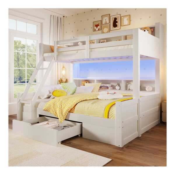 Merax Etagenbett 90x200cm/140x200cm mit LED-Lichtleiste (1-St., Jugendbett Mehrzweckbett Stockbett), Kiefernholz Kinderbett mit Schublade,Leiter, Gitter, offener Stauraum