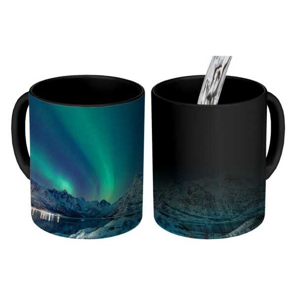 MuchoWow Tasse Nordlicht - Berg - Schnee - Grün - Sternenhimmel - Winter, 1-tlg., Keramik, Farbwechsel, Kaffee Tassen, Teetasse, Zaubertasse, Geschenk
