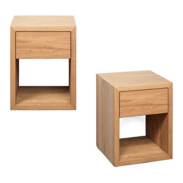 Woodek Design Nachttisch HUGO, kompakten Nachtkonsolen aus Massivholz, H 39 x B 30 x T 30 cm (Ablagetisch aus matt lackiertem massivem Eichenholz, 2-St., grifflose Nachtkommoden), skandinavische Wandschränke