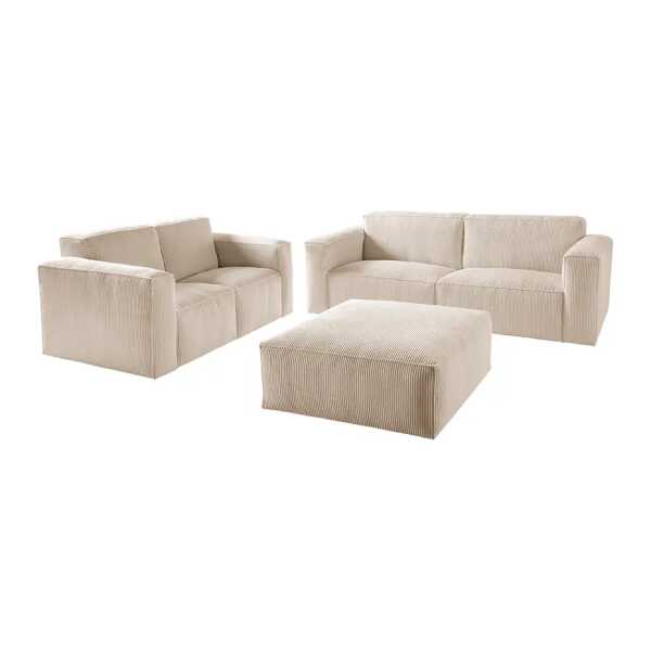 Polstergarnitur 3-2-Hocker Beige/Creme Cordstoff Lola 240 x 75 x 96cm Boho