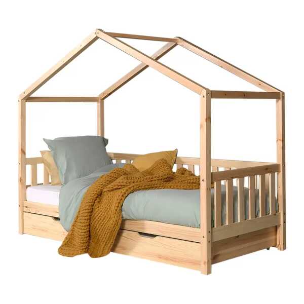 Hausbett Dallas 1 90 x 200cm Braun/Kiefer mit Schubladen