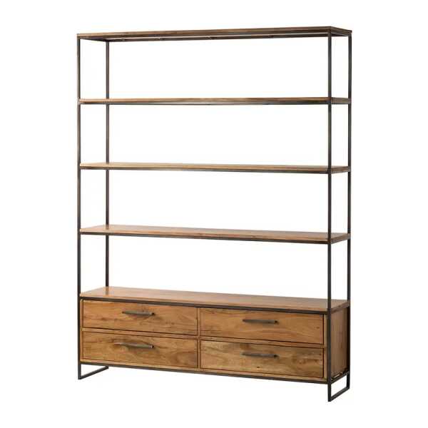 Regal mit 4 Schubladen Front, Korpus & Böden: Massivholz Akazie, lackiert Gestell: Metall, pulverbeschichtet Braun/Akazie Hellbraun 145 x 190 x