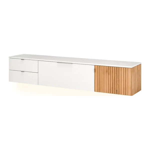 Hänge-Lowboard Absetzung: Massivholz Eiche, geölt Front & Korpus: MDF Mitteldichte Holzfaserplatte , lackiert Braun/Weiß/Weiß 206 x 40 x 42cm