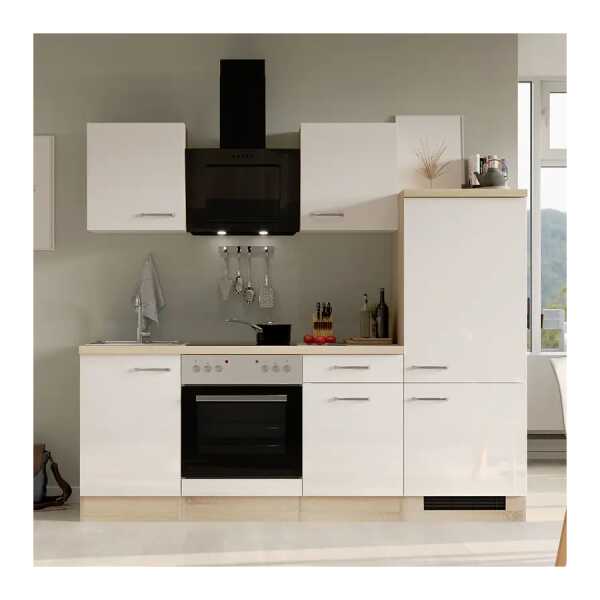 Küchenzeile 220 cm Kombi D 220 x 200 x 60cm Weiß/Hochglanz Weiß/Eiche Sonoma Dekor