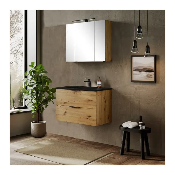 Badset 2-teilig Becken Schwarz 80 x 200 x 47cm Braun/Eiche Artisan Dekor