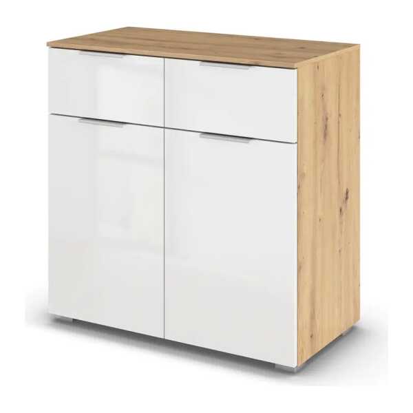 Kommode mit Türen 80cm Holz/Weiß/Hochglanz Weiß/Eiche Artisan Dekor Aluminium
