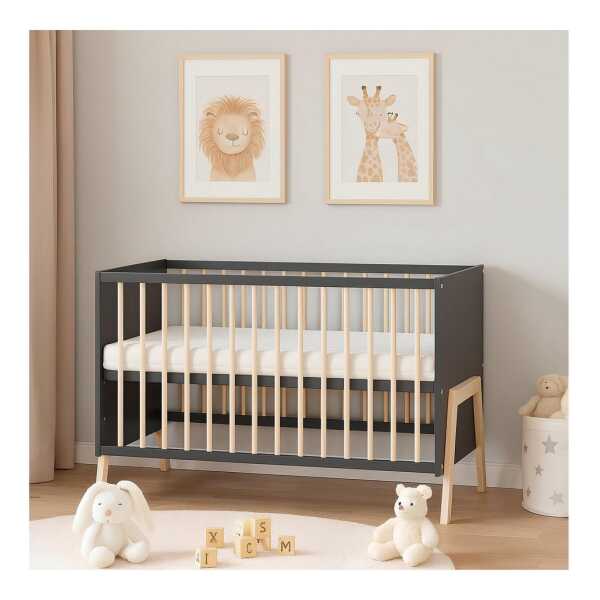 Baby-Delux Babybett Juna Anthrazit Kiefer, Kinderbett 60x120 weiß Kiefer Schutzgitter Matratze