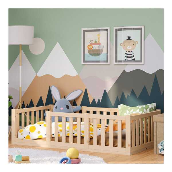 Bellabino Kinderbett Tapi (Bodenbett mit Rausfallschutz und Lattenrost, weitere Größen 70x140, 90x200, 120x200, 140x200 cm), aus Kiefer Massivholz