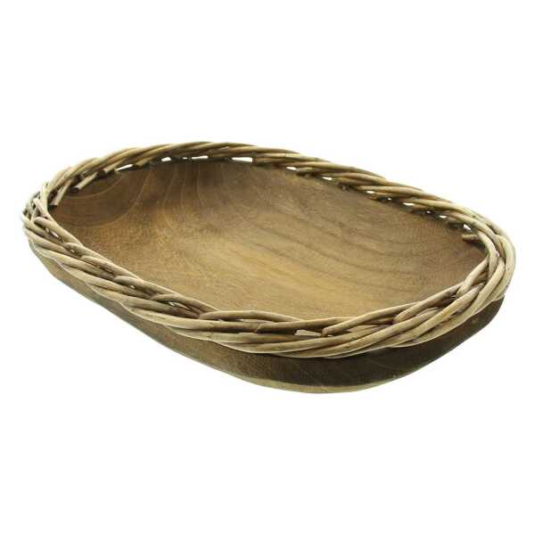 Dekoleidenschaft Dekoschale "Flechtrand" aus Holz & Weide, oval, 37x27 cm, Handarbeit, Obstschale, Snackschale, Holzschale, Badkörbchen
