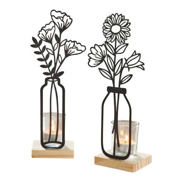 Dekoleidenschaft Teelichthalter "Metallblumen" matt schwarz, 27 cm hoch, Kerzengläser, Kerzenständer (2 St., im Set), auf Holz-Sockel, Metall Deko mit Windlicht-Glas