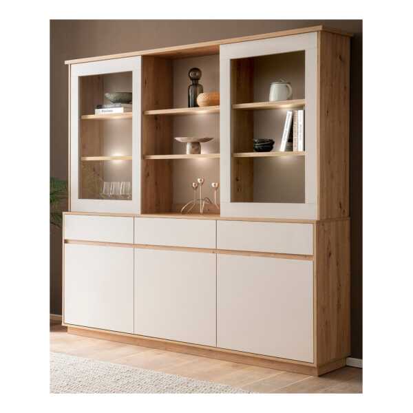 Furn.Design Buffet Kiruma (Buffetschrank in Kaschmir / Sand und Artisan Eiche, 5-türig, 202 x 199 cm) 15 Fächer und 3 Schubkästen, Soft-Close-Funktion