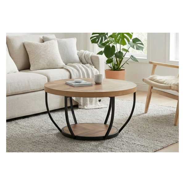 Home Collective Couchtisch Beistelltisch rund Ø 80 cm moderner Wohnzimmertisch mit 2 Ablagen (ideal als Büro Ablagetisch oder als Wohnzimmer Deko), hochwertiges Design mit Metallgestell, stabile Tischplatte, Eiche
