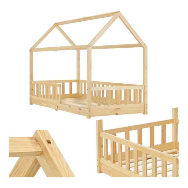 Juskys Kinderbett Marli, 90x200 cm, Hausoptik mit Dach, Holz, Rausfallschutz, 3 - 10 Jahren