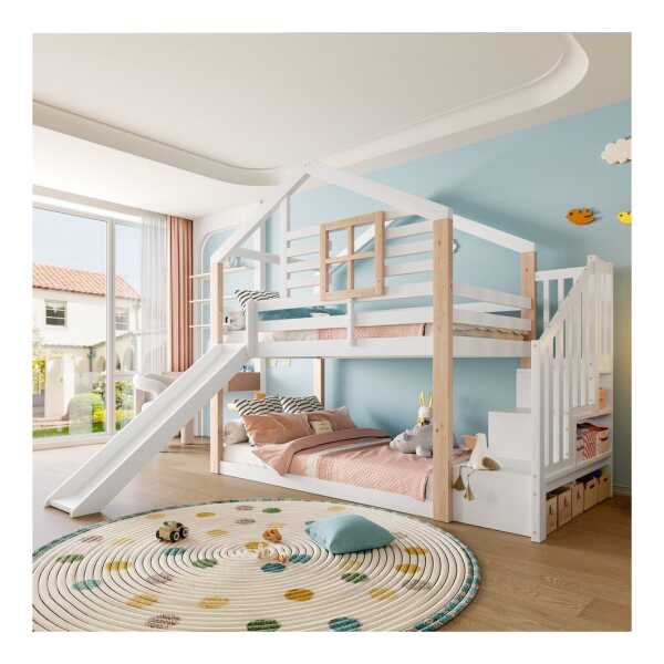 Odikalo Etagenbett Kinderbett 90x200cm mit Rutsche (Kinder - Etagenbett mit Rutsche und Treppe im skandinavisches Stil, Massivholzkonstruktion, stabil & sicher, mit Geländer & Stauraum, platzsparend, ideal für Geschwister, EN 747-1:2024 zertifiziert)