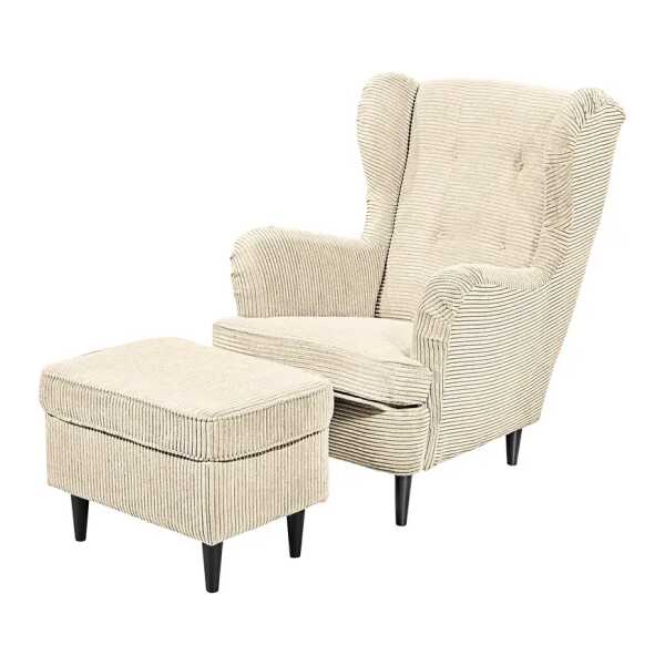 Sessel Weiß Cordstoff Zuri mit Hocker 78 x 102 x 98cm