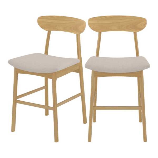 2er Set Stühle für Mittelinsel aus Hevea-Holz und beigem Stoff, 63 cm
