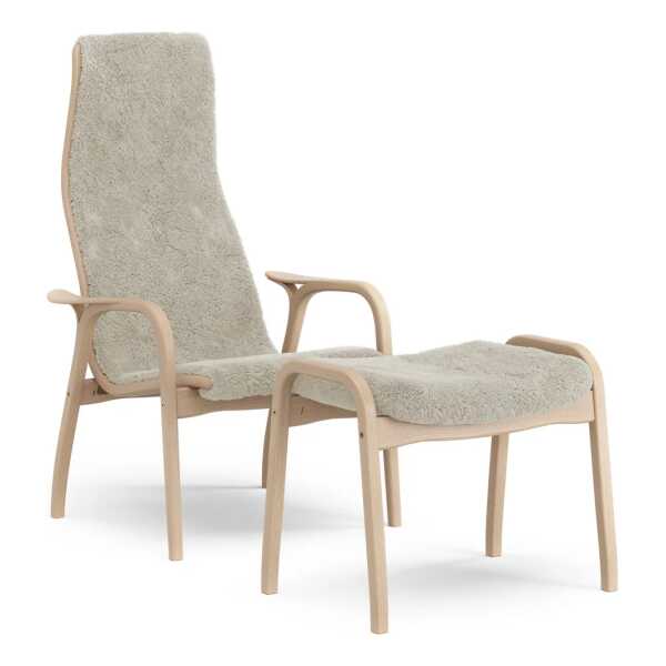 Swedese Lamino Sessel und Fußbank Buche lackiert/Schafsfell Moonlight (Beige)