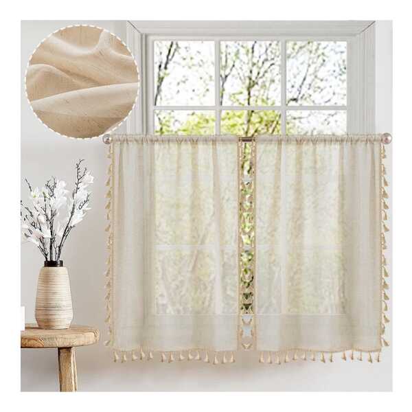 BTTO V&G Gardine Vintage-Quasten Fenstervorhänge Leinen kurze Vorhänge, Gaze-Vorhänge Stangentasche