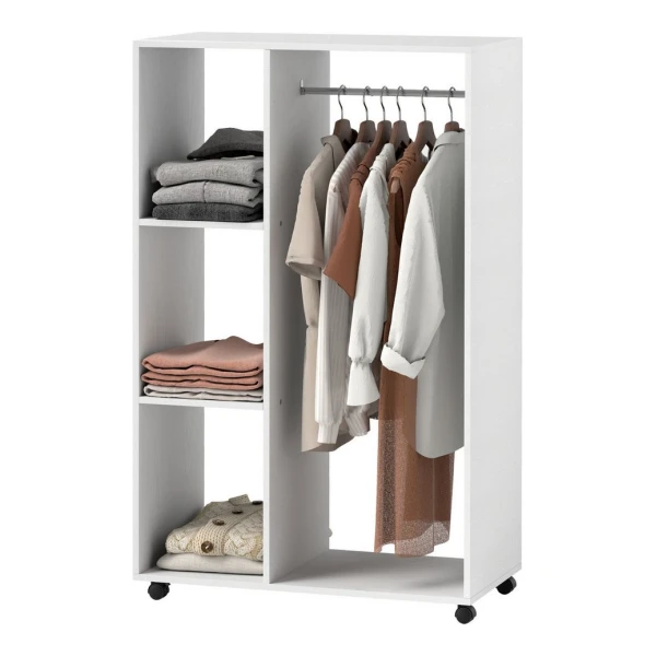 BlingBin Kleiderschrank Garderobe Garderobenschrank Rollbarer Kleiderständer (mit Rollen,Kleiderbügel,Offener Stauraum) 80x40x128cm,Weiß