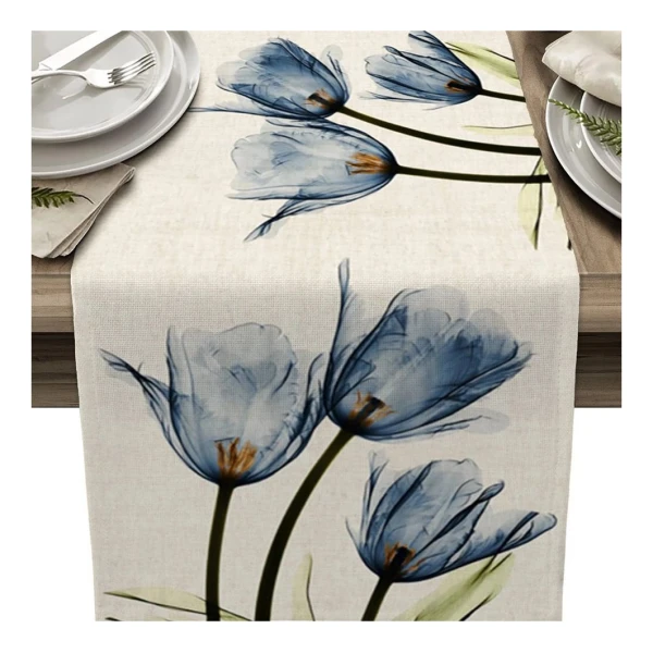 FELIXLEO Tischläufer Tischläufer Blaue Blume 33x180cm Waschbare Leinen Tischdecke Floral