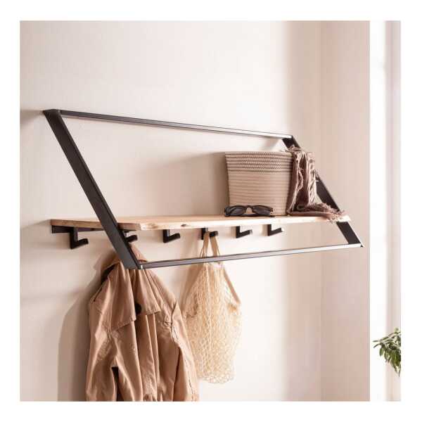 FINEBUY Wandgarderobe Akazie Massivholz 100cm Garderobe Industrial Design (Stilvolle Kombination aus Holz und Metall), Praktische Ablage mit Haken