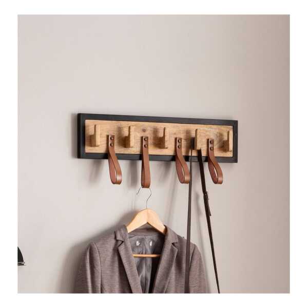 FINEBUY Wandgarderobe Hakenleiste Holz Echtleder 60 cm Garderobe Flur Metall (Flurgarderobe Metall, Hakenleiste, Garderobe Wand), 60x15x6 cm Modern, Mango Massivholz / Echtleder