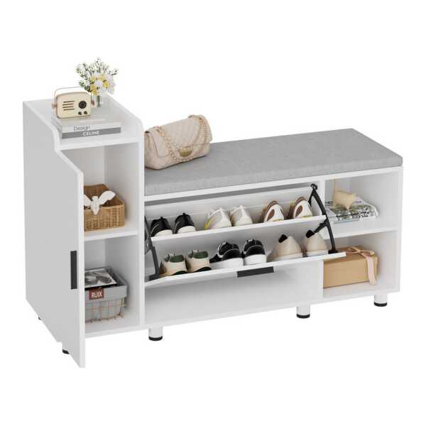 FiveWillowise Schuhschrank mit Sitzfläche & Stauraum, 105×34×67 cm, 3 Klappen & 8 Metallfüßen Weiß, Schuhbank mit Sitzfläche für Flur & Eingang