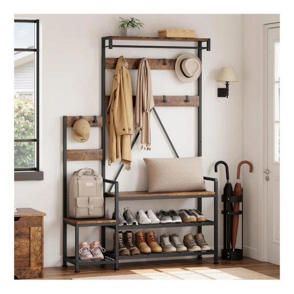 GarveeMore Garderobenständer mit Schuhbank und Schuhregal,10 Haken,Metallrahmen,industrieller, Eltern-Kind-Garderobenständer 113x30x180cm
