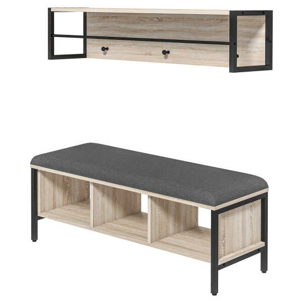 HOMCOM 2-in-1 Eingangsmöbelset Schuhablagebank mit 3 Fächern und Wandgarderobe mit 3 Haken und Stange - Gepolsterte Sitzbank - Natur und Schwarz Aosom