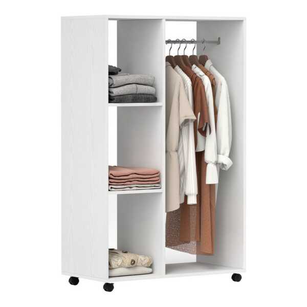 HOMCOM Garderobenschrank Kleiderschrank auf Rollen mit 1 Kleiderstange, 3 Regalen (Garderobenschrank, 1-St., Rollbarer Kleiderständer) für Flur, Schlafzimmer, 80 x 40 x 128 cm, Weiß