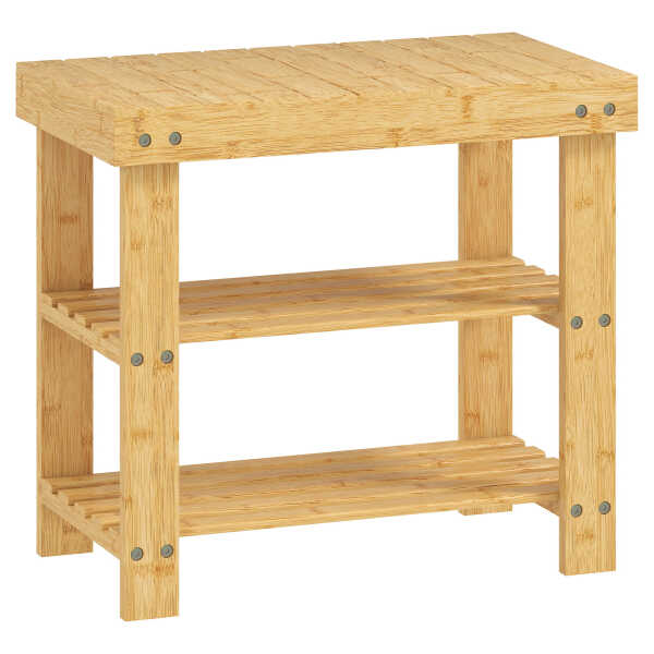 HOMCOM Schuhbank aus Bambus, Schuhregal mit 2 Ablagen und Sitzfläche, bis 136 kg, Sitzbank für Flur, Eingangsbereich, 50 x 28 x 45 cm, Natur Aosom