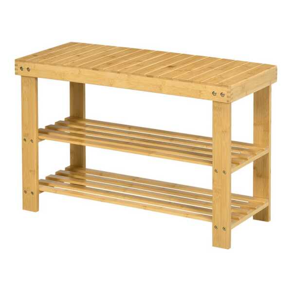 HOMCOM Schuhbank mit 2 Ablagen und Sitzfläche (Schuhregal aus Bambus, 1-St., Sitzbank), für Flur, Eingangsbereich, 70 x 28 x 45 cm, Naturholz