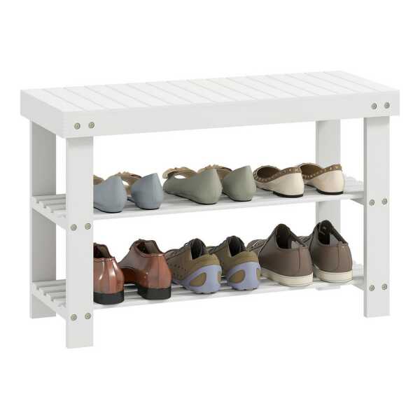 HOMCOM Schuhbank mit 2 Ablagen und Sitzfläche (Schuhregal aus Bambus, 1-St., Sitzbank), für Flur, Eingangsbereich, 70 x 28 x 45 cm, Weiß