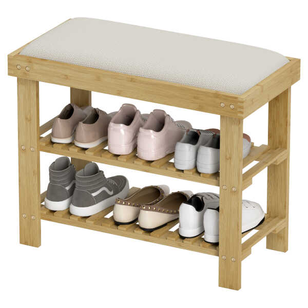 HOMCOM Schuhbank mit Sitzfläche, Bambus Sitzbank mit Stauraum, Schuhregal mit 2 offene Fächer, Sitzbank, Bank, Garderobenbank für Wohnzimmer, Flur, 60 x 29 x 49 cm Cremeweiß Aosom