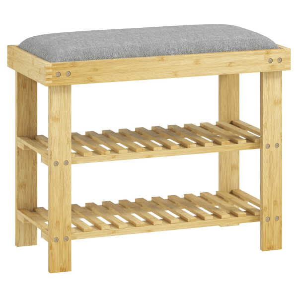 HOMCOM Schuhbank mit Sitzfläche, Bambus Sitzbank mit Stauraum, Schuhregal mit 2 offene Fächer, Sitzbank, Bank, Garderobenbank für Wohnzimmer, Flur, 60 x 29 x 49 cm Grau Aosom