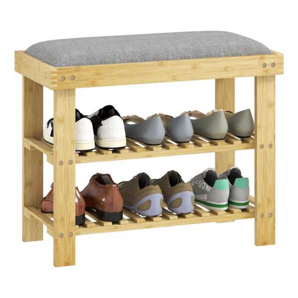 HOMCOM Schuhbank mit Stauraum, 2 offene Fächer (Schuhregal aus Bambus, 1-St., Schuhbank mit Sitzfläche), für Wohnzimmer, Flur, Grau+Naturholz