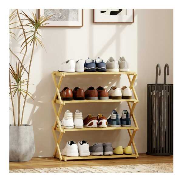 HOMCOM Schuhregal mit 4 Ebenen, aus Bambus, für bis zu 12 Paar Schuhe, Schuhablage 1-tlg., für Eingang, Flur, Natur