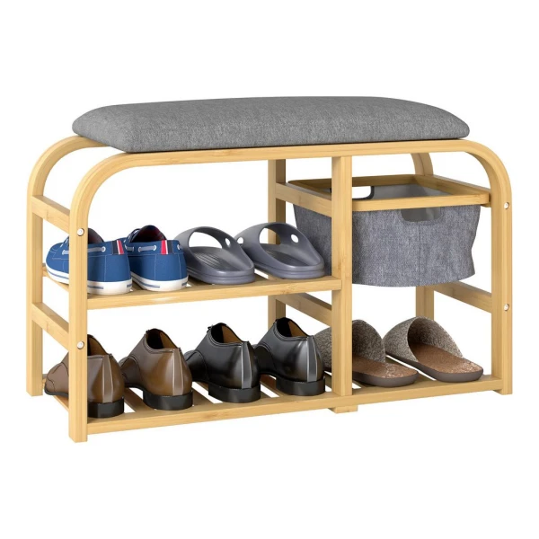 HOMCOM Sitzbank Schuhbank aus Bambus mit gepolsterter Sitzfläche (2-stufigen Lattenrosten und ausziehbarem Korb, 1-St., Schuhregalbank für Flur, Eingangsbereich), für 5 Paar Schuhe, Naturholz-Finish