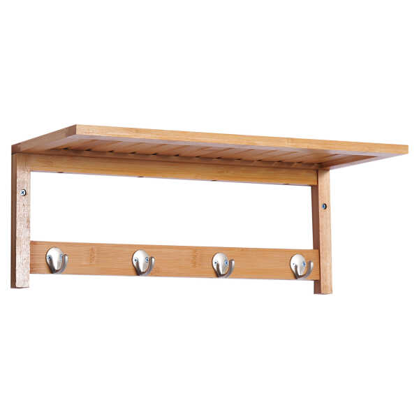 HOMCOM Wandgarderobe Garderobe mit 4 Haken Ablage, Wandmontage platzsparend Garderobenpaneel 5 kg belastbar, für die Wand Flur Schlafzimmer 50 x 16 x 17,5 cm Naturholz Aosom