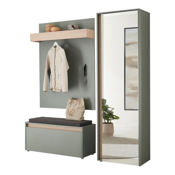 Home affaire Garderoben-Set GIRON/CiTY, moderne Garderobe, Komplettset mit viel Stauraum, (Komplett-Set, 3-St), enthält Garderobenschrank, Paneel, Schuhbank inkl. Sitzkissen