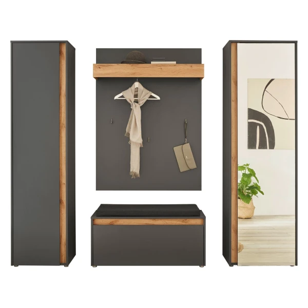 Home affaire Garderoben-Set GIRON/CiTY, moderne Garderobe, Komplettset mit viel Stauraum, (Komplett-Set, 4-St), enthält Garderobenschränke, Paneel & Schuhbank +Sitzkissen