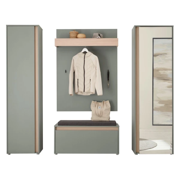 Home affaire Garderoben-Set GIRON/CiTY, moderne Garderobe, Komplettset mit viel Stauraum, (Komplett-Set, 4-St), enthält Garderobenschränke, Paneel & Schuhbank +Sitzkissen
