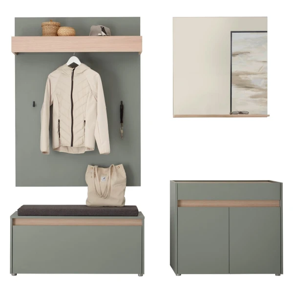 Home affaire Garderoben-Set GIRON/CiTY, moderne Garderobe, Komplettset mit viel Stauraum, (Komplett-Set, 4-St), enthält Kommode, Spiegel, Paneel & Schuhbank +Sitzkissen, 190 cm breit